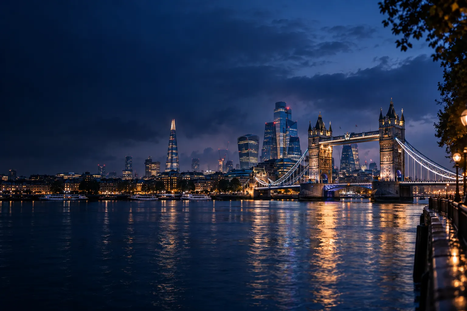 London skyline and Tower Bridge at dusk