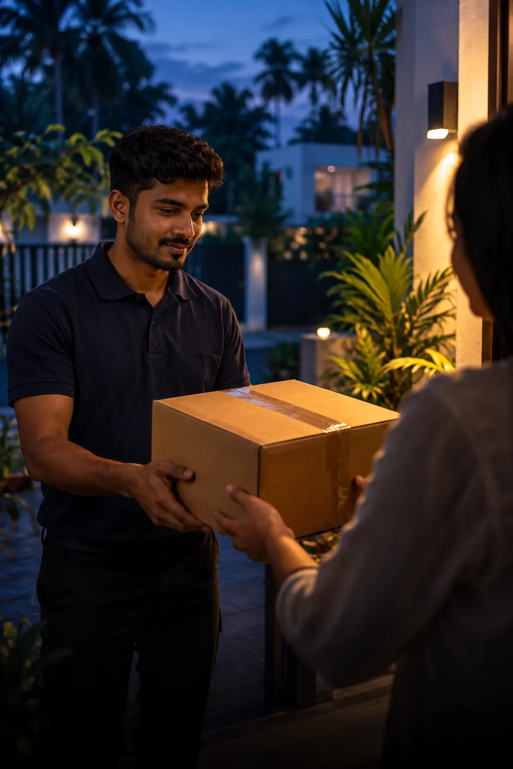 A courier collecting a parcel from a customer’s doorstep