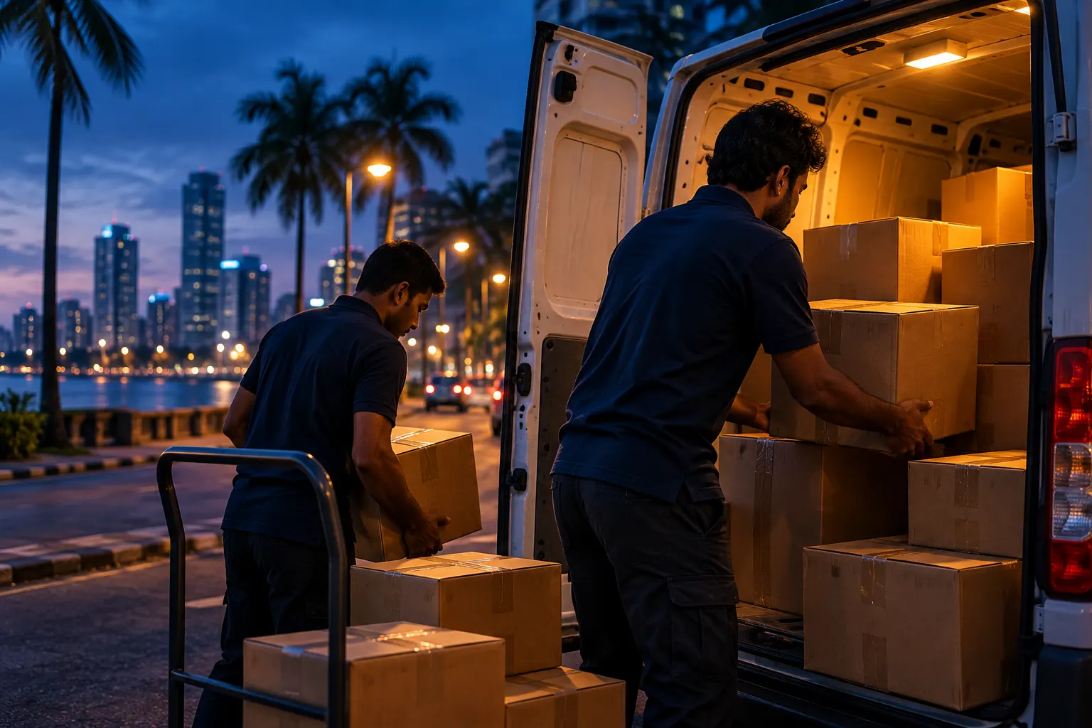 Couriers loading parcels into a van at dusk